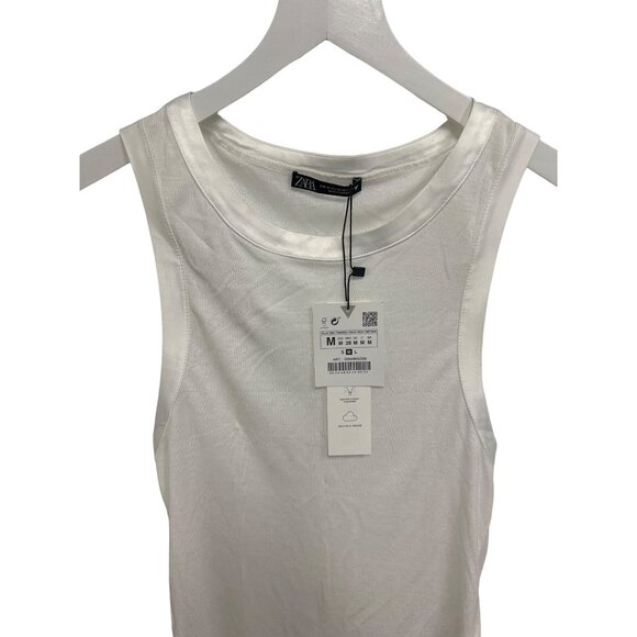 Zara White Ribbed Tank Top With Silky Trim Detail - Picture 4 of 4